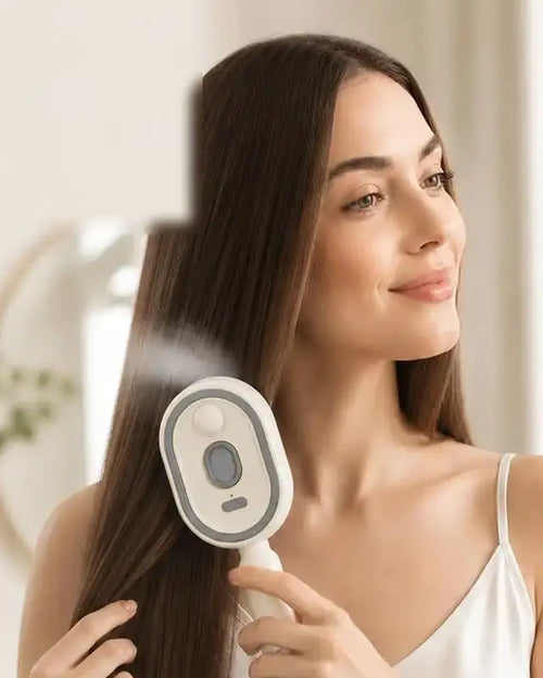 Woman brushing her hair with the Silkaya mist brush