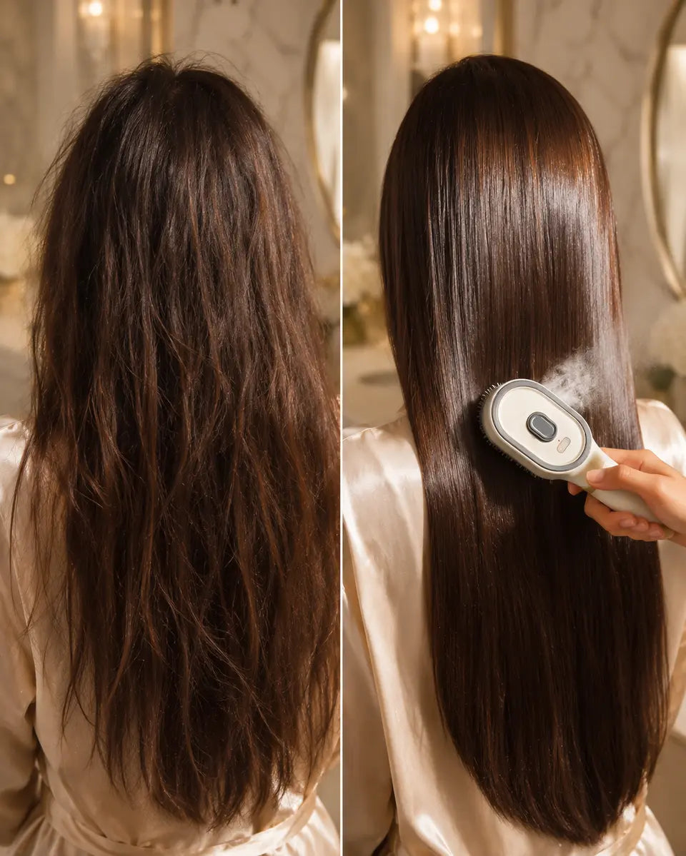 Frizzy hair before and silky hair after using Silkaya